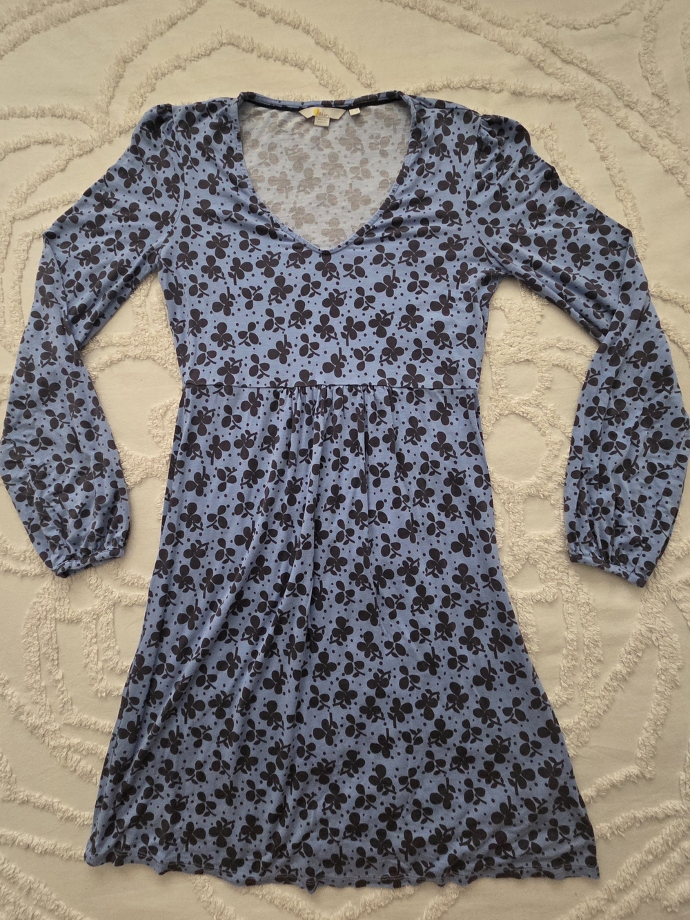 Boden Hattie Jersey Dress Blue Floral V-Neck Fit Flare Long Sleeve Sz 6 US